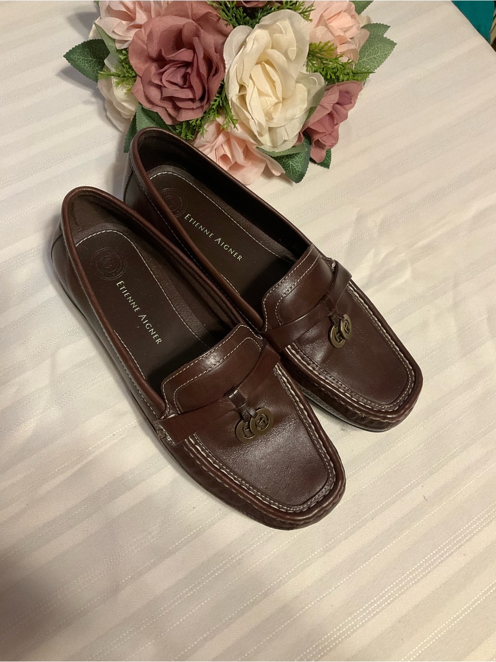 Etienne Aigner Brown Leather Penny Loafers with Signature Bit